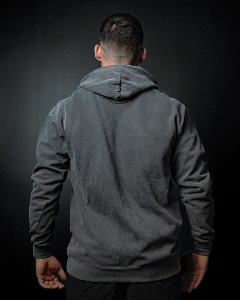Rear view of the HWPO Hoodie on Josh