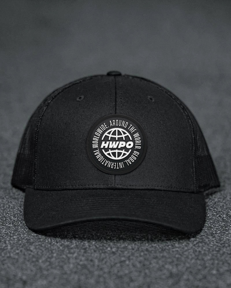 Detailed front view of the HWPO Global Trucker Hat