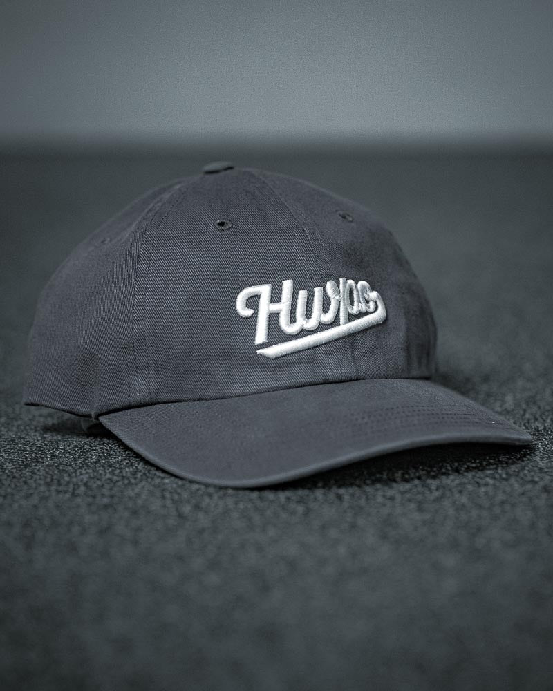Detailed view of the HWPO Dad Hat in Dark Grey 