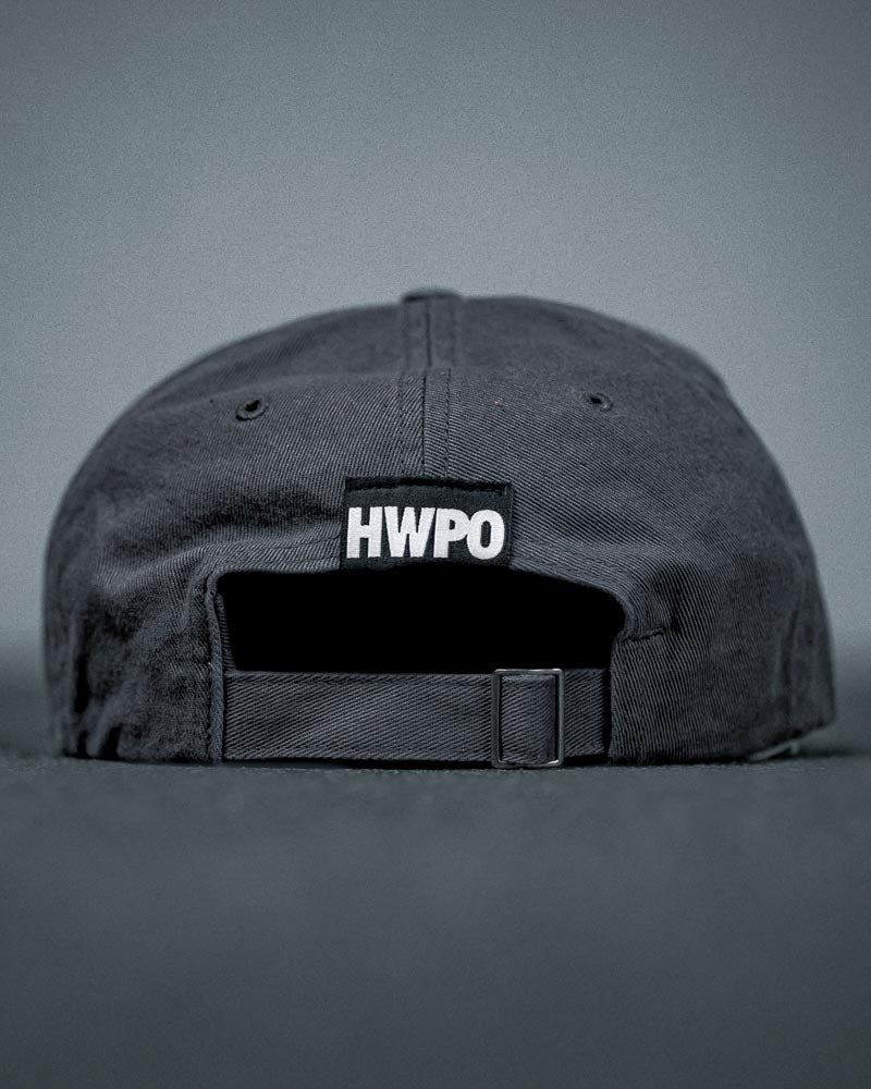 Detailed rear view of the HWPO Dad Hat in Dark Grey