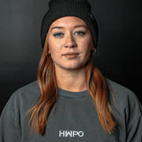 Front view of HWPO Beanie in Black on Preslie